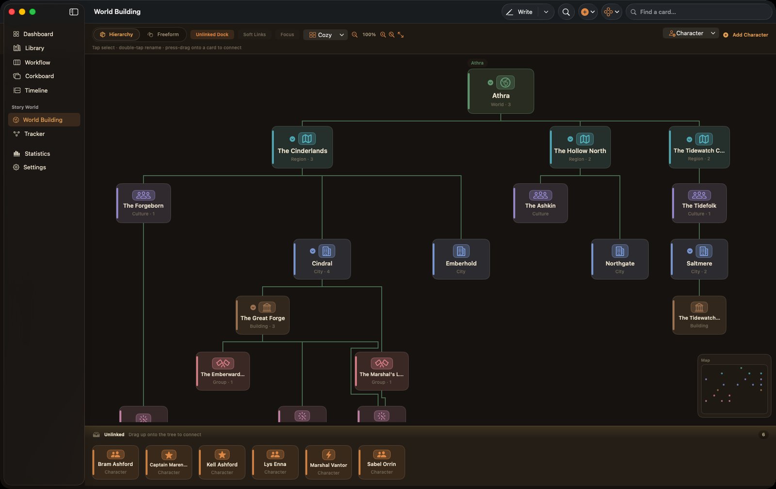 Storybook on Mac, showing the World Building web with a story world's regions, cultures, cities, and characters connected as a family tree