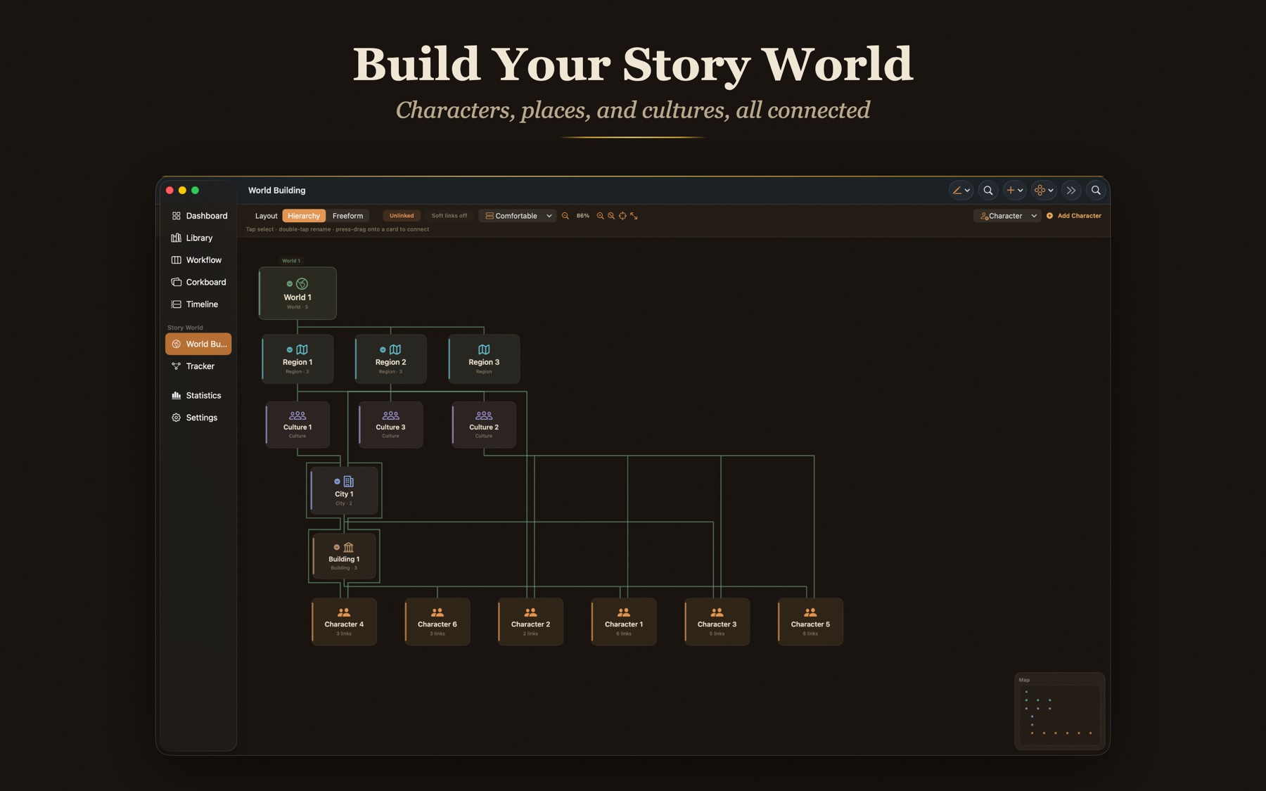 The World Web on Mac, a spanning tree of a story's characters, places, cultures, and items